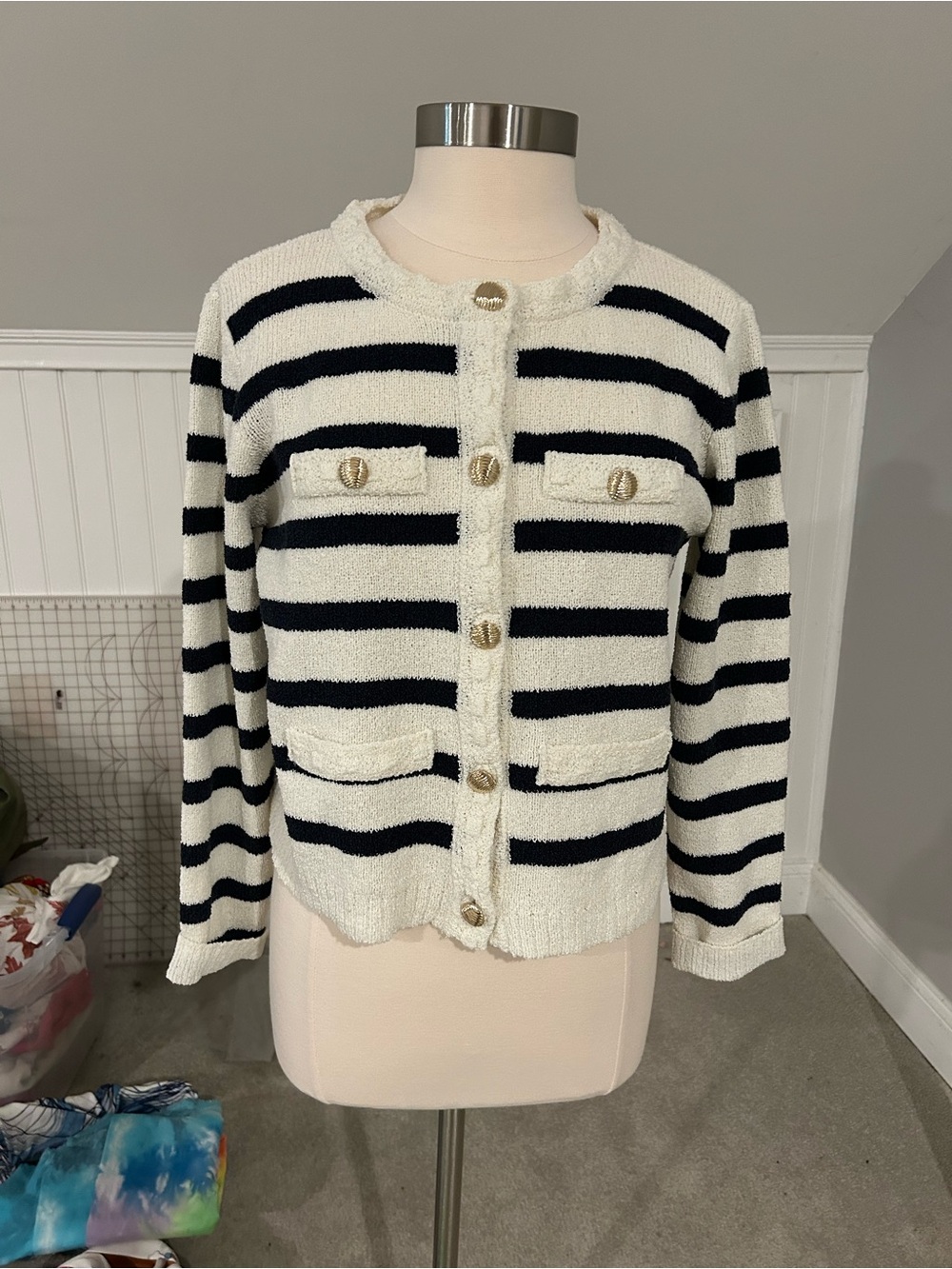 Striped Bouclé Crewneck Cardigan - Black & White